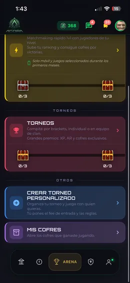 Torneos abiertos y creación de torneo personalizado en la Arena de Ágora