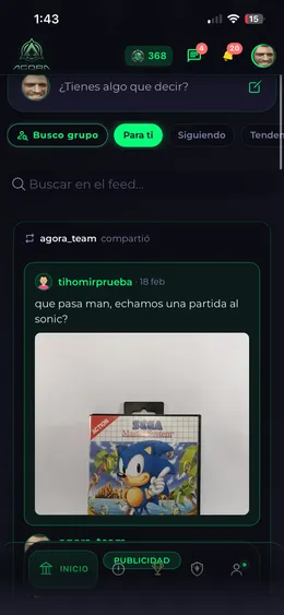 Publicación de un jugador en el feed de la app de Ágora