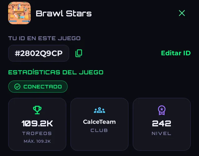 Cuenta de Brawl Stars vinculada en Ágora con el ID, los trofeos, el club y el nivel