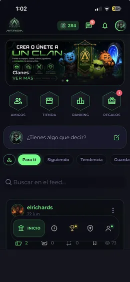 Pantalla de inicio de la app de Ágora con accesos rápidos y feed
