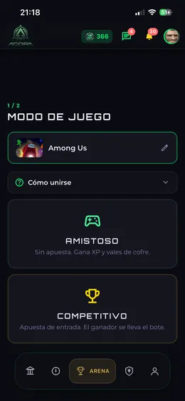 Elección entre partida amistosa y competitiva en la app de Ágora