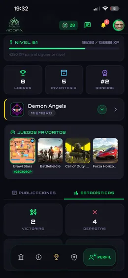 Logros, inventario, ranking y estadísticas del perfil de Ágora