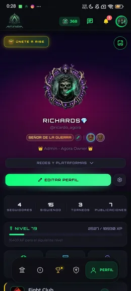 Perfil de jugador de Ágora con marco, título y emblemas