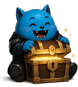 Styxx, mascota de Ágora, abriendo un cofre de recompensas