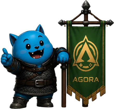 Styxx, la mascota de Ágora, sosteniendo el estandarte